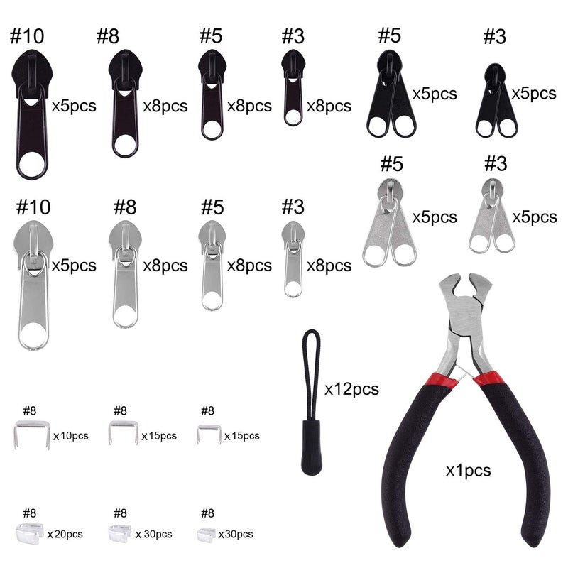 Tuparka 211 Pcs Zipper Repair Kit with Zipper Install Plier for DIY Bags, Luggage, Backpacks, Silver and Black - Image 2